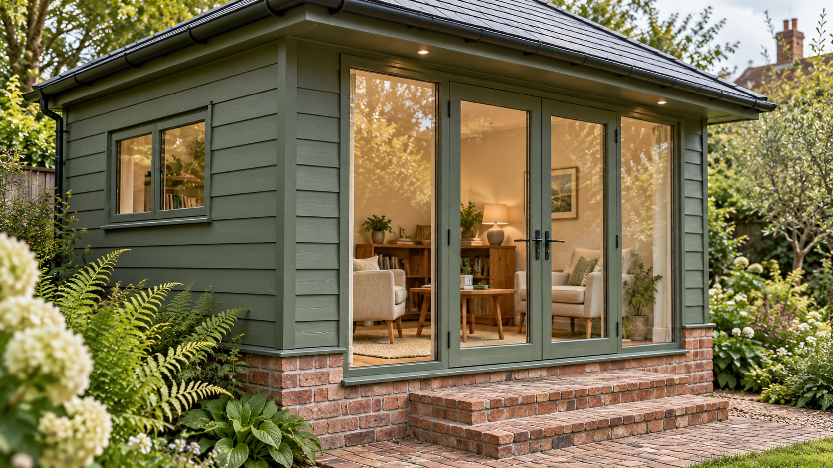 Close oblique view of sage-painted cladding and glazed timber doors above reclaimed-brick steps under a shallow slate eave.