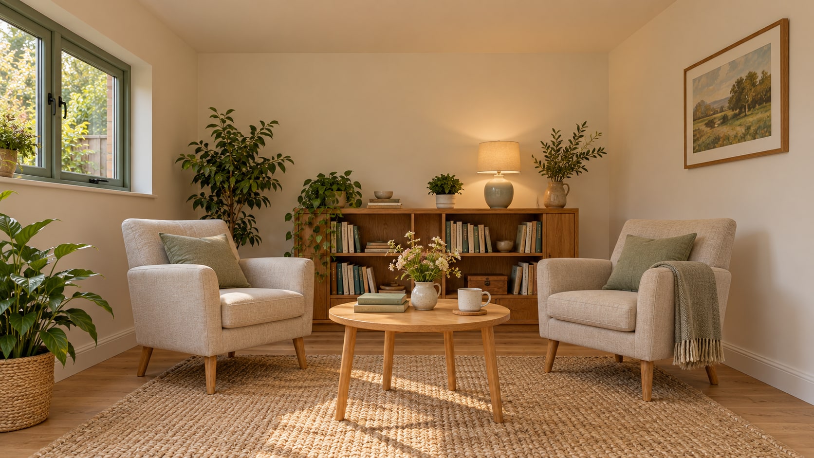 View from the entrance towards two oatmeal linen armchairs, a small round oak table and a low rear bookcase, with a sage-framed window on the left.
