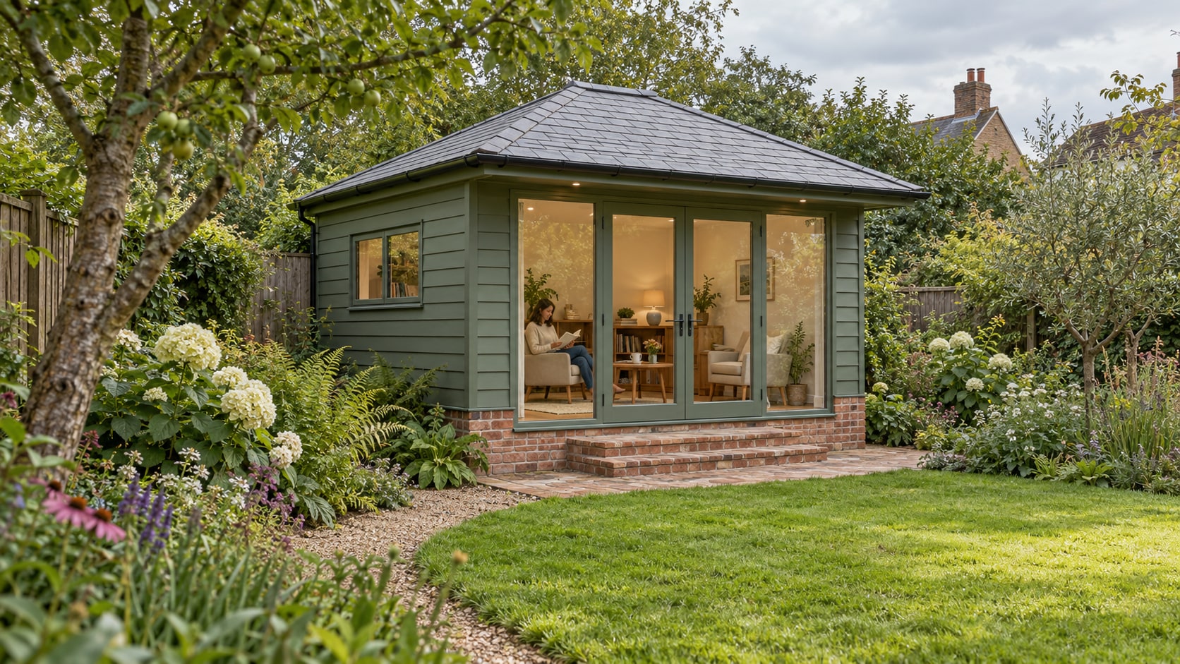 Original visualisation of a sage-painted garden reading pavilion with a low hipped slate roof, glazed double doors, left casement window, brick steps and one adult reading inside.