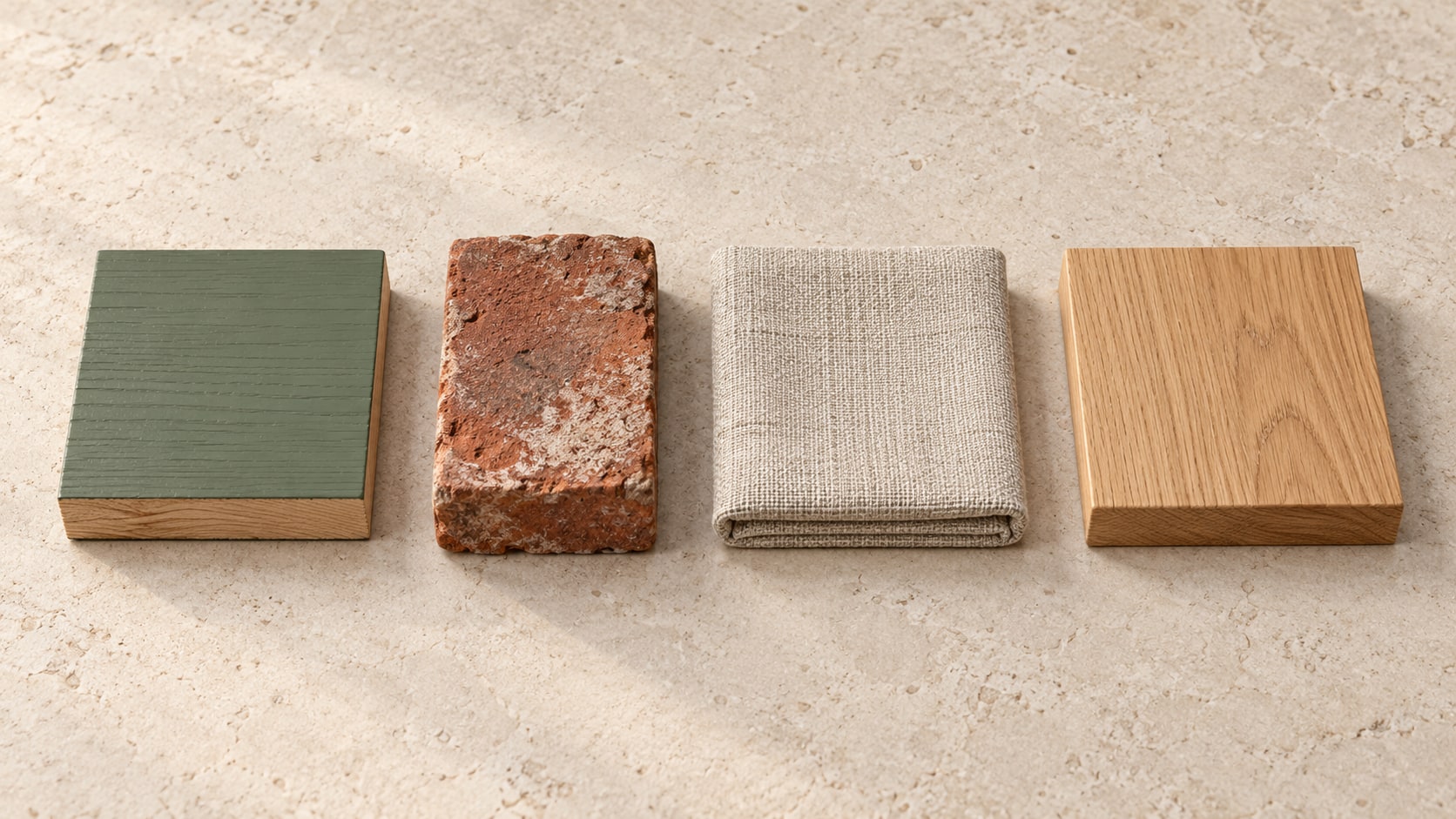 Material samples: Sage-painted timber, Reclaimed red-brown brick, Oatmeal linen, Natural oak