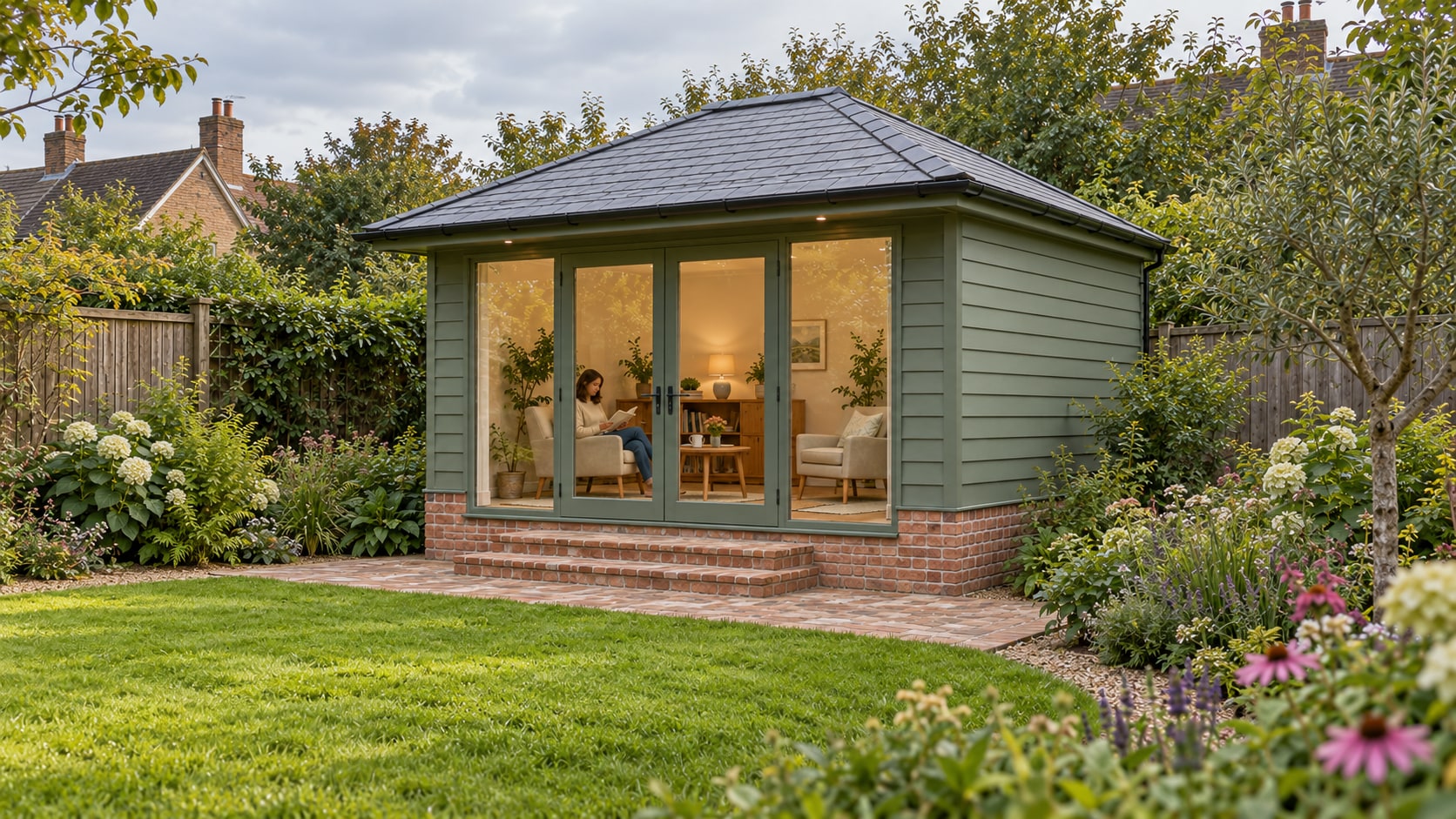 The same sage garden pavilion from the front right, showing its solid right wall, hipped roof and front glazed doors among mature planting.