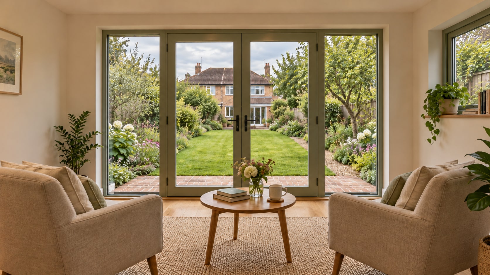 Interior view towards sage-framed double doors and an English suburban garden, with two linen chairs and a round oak tea table.