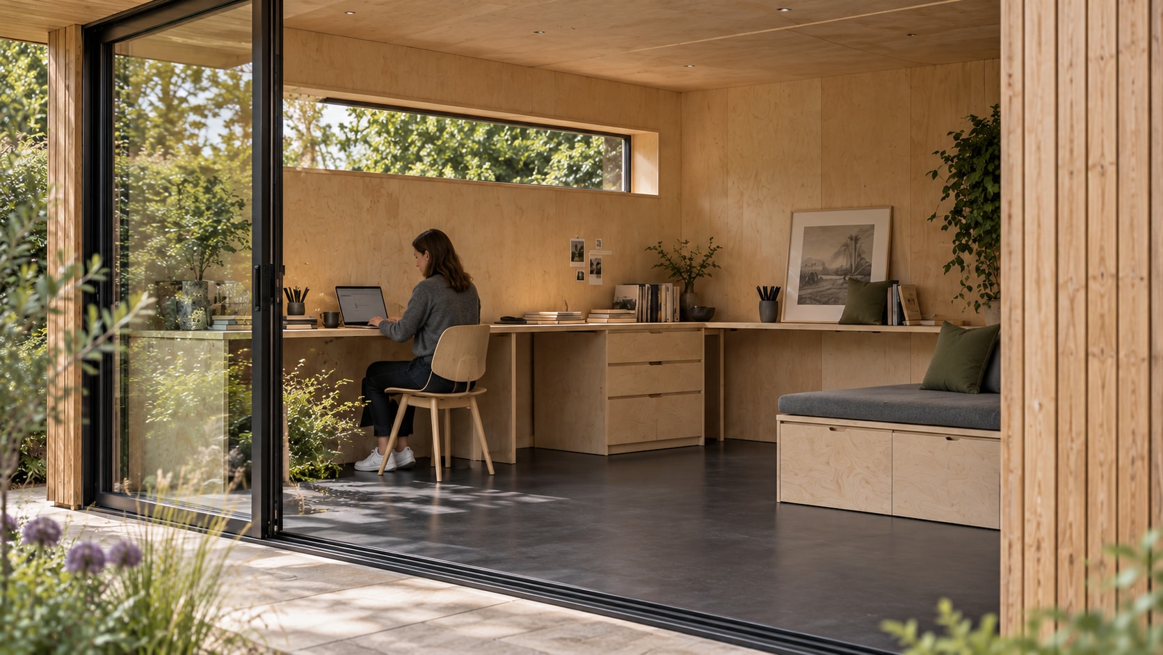 View through the open garden-room entrance towards a working adult, birch desk, drawer unit and grey-cushioned storage bench.