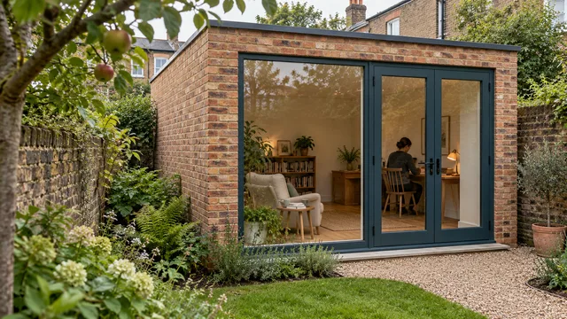 Original design visualisation of a small warm-brick garden reading room seen from the left front corner, with deep blue-green timber glazing, a low flat roof, gravel path and ordinary brick boundary walls.