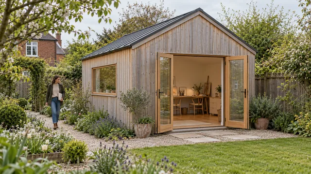Pale timber garden studio seen from the left front, with a charcoal pitched roof, oak double doors, a side window and an adult approaching along the garden path.