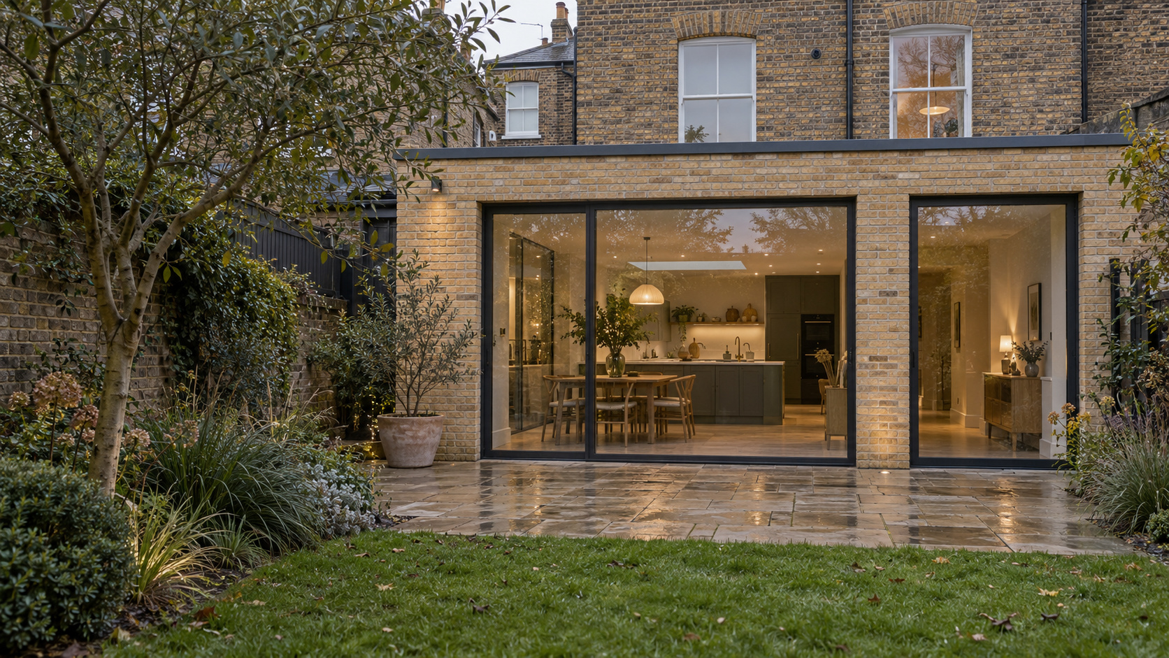 Architectural concept visualisation of a brick house extension opening onto a garden