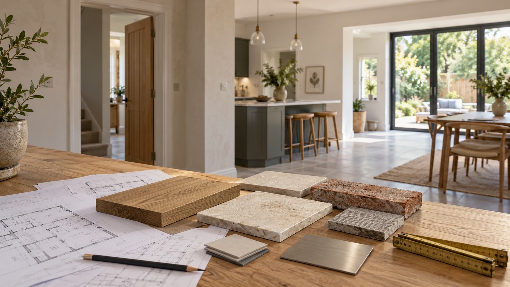 Drawings and material samples reviewed in a completed interior
